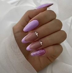 Lilac Nails For Prom, Smokey Purple Nails, Light Purple Dip Powder Nails, Light Purple Almond Nails, Pink Nail Designs Almond Shape, Lila Nails, Navy And Silver Nails, Amethyst Nails, Turquoise Nail Designs