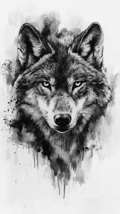 a black and white drawing of a wolf's face with watercolor splashs