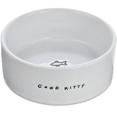 a white dog bowl with the words good kitty written on it