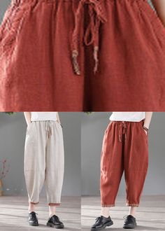 Italian Red Elastic Waist Pockets Patchwork Linen Crop Pants FallFabric: Cotton 45%, Linen 55%Size & Fit: This garment fits true to size.Length: Size 2XL measures 33.15"from waist to hem.Waist:Fitted - elastic waist allows stretch Hip: Loosely Fitted. room for hips. Hand Wash Cold. Linen Harem Pants, Vacation Maxi Dress, Chiffon Cardigan, Green Turtleneck, Fall White, Cropped Linen Pants, Linen Crops, Long Beach Dress, Pants Elastic Waist