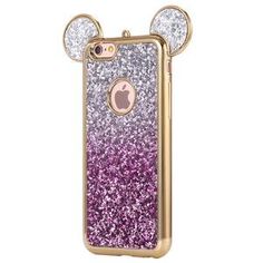 an iphone case with glitter mouse ears on the front and back, in gold tone