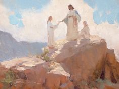 a painting of three people standing on top of a mountain