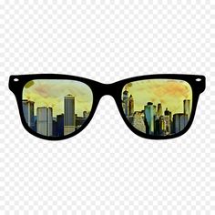 a pair of sunglasses with the city skyline reflected in them, on a transparent background