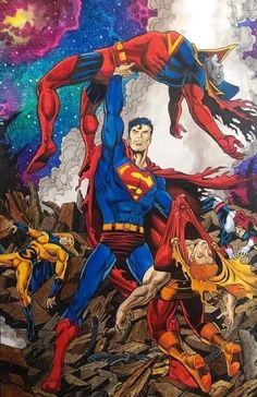 a painting of superman and other superhero characters