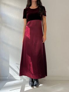 "- Vintage Jody of California burgundy dress - Velvet bodice with silky skirt - Made in USA - Small  Bust: 19\" Length: 53\"" Bias Cut Evening Dresses For Fall, Fitted Burgundy Midi Dress For Evening, Formal Burgundy Velvet Dress, Fitted Bias Cut Dresses For Fall, Burgundy Fitted Midi Dress For Formal Occasions, Formal Fitted Burgundy Midi Dress, Burgundy Satin Floor-length Dresses, Burgundy Maxi Dress For Formal Fall Events, Burgundy Maxi Dress For Fall Formal Occasions