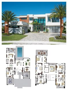 two story house plans with multiple levels and lots of windows, palm trees and landscaping