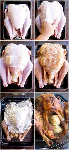 six pictures of different types of chicken in pans with foil on the bottom and sides