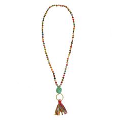 This relaxed style is oh-so-casual when worn alone and makes the perfect boho statement when layered. Colorful, repurposed Kantha + gold beads alternate to form a long strand and finishes off with a tassel. Each piece is made from recycled Kantha textiles, so colors and patterns are all one-of-a-kind and will vary. Measures 32" long. Sustainably handmade by women artisans in India. Bohemian Hand-strung Necklaces For Layering, Adjustable Bohemian Tassel Necklace With Colorful Beads, Bohemian Tassel Necklace With Colorful Round Beads, Adjustable Long Tassel Necklace With Dangling Beads, Adjustable Bohemian Long Necklace With Tassels, Bohemian Tassel Necklace With Colorful Beads, Bohemian Long Necklace With Tassels, Bohemian Tassel Necklace With Beaded Chain, Bohemian Long Necklace With Round Beads For Layering