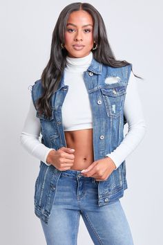 It’s giving “stole this from my boyfriend’s closet” vibes! Our Boyfriend Denim Vest is the perfect edgy layer to add to your outfits this season! Designed to be oversized to give you an effortlessly cool look. Featuring front flap pockets, distressing throughout, and cut-off sleeves. This vest will have you feeling like an edgy baddie the moment you put it on! Pair this vest with shorts, a crop top, and boots or a grungy look, or pair it a sports bra and baggy jeans for an edgy look! Product Details- 2 Button Flap Pockets- Collar- Baggy Fit/ Oversized FIt- Distressing Size & Fit (based on size M)- Length: 28”- Chest: 22”- Model is wearing a size S Hand wash cold. Line dry. 81% Cotton/ 10% Polyester/ 9% Rayon Vest With Shorts, Classic Corvette, Ymi Jeans, Boyfriend Denim, L And Light, Edgy Look, My Boyfriend, Boyfriend Fit, Baggy Jeans