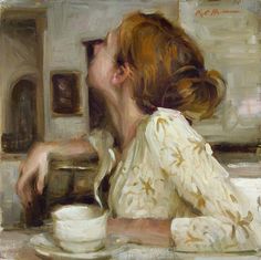 a painting of a woman sitting at a table drinking from a cup and saucer