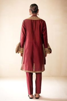 Maroon sheer kurta with cutdana, sequin embroidery on the yoke, cuffs and hem. Paired with a trouser and dupatta with floral embroidered border. Comes along with a slip. - Aza Fashions Festive Cotton Silk Bandhgala With Resham Embroidery, Cotton Silk Traditional Wear With Dabka Work For Reception, Designer Cotton Silk Sherwani With Mirror Work, Elegant Chanderi Bandhgala For Transitional Season, Bollywood Style Designer Cotton Silk Bandhgala, Traditional Chanderi Bandhgala With Mirror Work, Silk Churidar With Mirror Work For Reception, Designer Cotton Silk Bandhgala With Dupatta, Cotton Silk Bandhgala For Navratri Festive