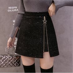 Slit Mini Skirt Fashion Sequin Women's Woolen Tweed Shorts on Storenvy Girl Skirts, Mini Skirt Fashion, Tweed Shorts, Alternative Fashion, Skirt Fashion, Black Fashion, High Waisted Skirt, Mini Skirt, Korean Fashion