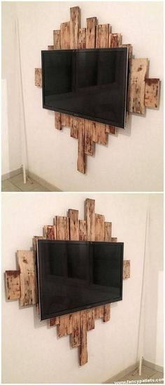 two pictures of a tv mounted to a wall with wood planks on the sides