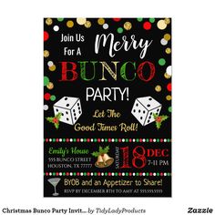 a christmas party flyer with dices and confetti on the front, in black background