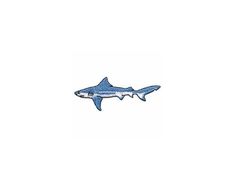 a blue and white shark sticker on a white background