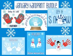 four different christmas cards with hand prints and snow globes on the front, in blue background