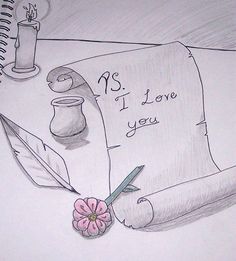 a drawing of a note with a flower on it and a pen next to it