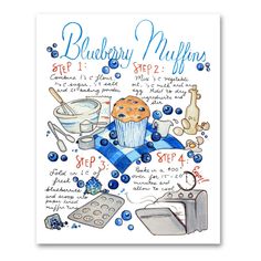 a blueberry muffin poster with instructions for baking and other items to make it