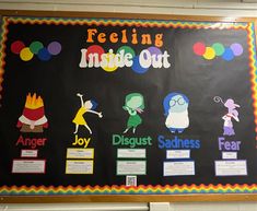 a bulletin board with different types of people and words on it that say feelings inside out