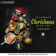 a christmas tree made out of food on top of a black background with the words celebrate christmas with the coriander