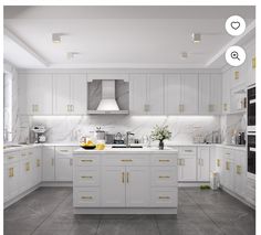 an image of a kitchen setting with white cabinets and gold trimmings on the doors