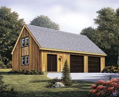 the garage is made out of wood and has two windows on each side, along with a dorme style roof