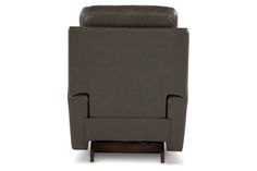 the reclining chair is shown in dark brown leather with wooden legs and foot rest