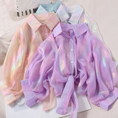 Great Shopping Lady Rainbow Shiny Shirt Buttons Down Crop Blouse Jacket See Through Fashion Top, Womens jacket Holographic Shirt, Sparkle Blouse, Satin Shirts, Chiffon Shirt Blouse, Half Shirts, Trendy Fashion Tops, Oversized Blouse, Chiffon Shirt, Women Shirts Blouse