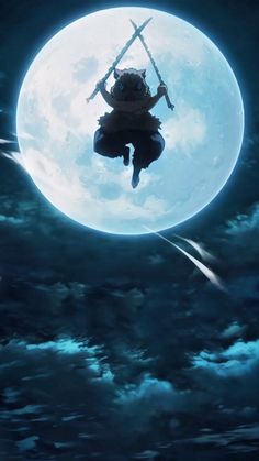 a person flying through the air on top of a large moon with two swords in their hands