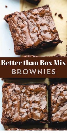 brownies cut into squares and stacked on top of each other with the words better than box mix