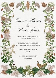 a wedding card with flowers, leaves and birds in the center is shown on a white background