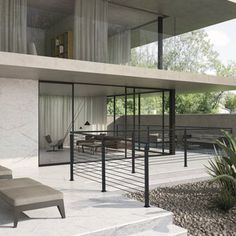 an artist's rendering of a modern house with glass walls and stairs leading up to the upper floor