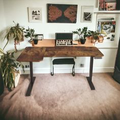 a desk with a computer on top of it in front of some potted plants