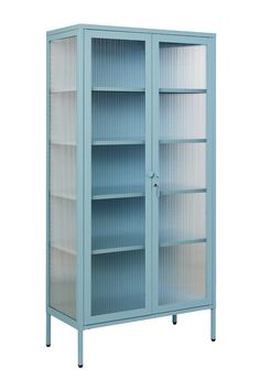 a blue metal bookcase with glass doors