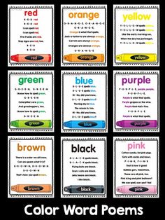 color word poem cards with the words in different colors and font on each one side