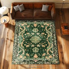 an overhead view of a living room with couches and rugs