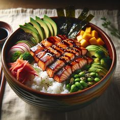 a bowl filled with sushi and vegetables on top of rice next to chopsticks