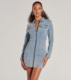 A denim mini dress features long sleeves, a classic collar neckline, flap pockets for style, and a flattering bodycon silhouette. Perfect for back-to-school and styling with sneakers or boots.Fit & FeaturesDenim fabric, minimal stretchLong sleeves with button cuffsCollar necklineFront zipper closureFlap pocketsBodycon mini-length silhouetteRuns true to size Trendy Fitted Mini Dress With Pockets, Fitted Long-sleeved Denim Blue Mini Dress, Fitted Denim Blue Mini Dress With Long Sleeves, Denim Blue Fitted Long Sleeve Mini Dress, Denim Blue Fitted Mini Dress With Long Sleeves, Fitted Long Sleeve Denim Blue Mini Dress, Trendy Long Sleeve Denim Blue Mini Dress, Fitted Medium Wash Mini Dress For Fall, Fitted Denim Mini Dress With Long Sleeves