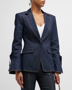 Cinq a Sept Lou Tie-Cuff Topstitched Denim Blazer | Neiman Marcus Denim Blazer Outfit, Vest Denim, Contrast Topstitching, Denim Suit, Look Formal, Blazer Jeans, Denim Blazer, Rhinestone Bow, Princess Seams