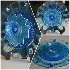 three pictures of blue glass plates with designs on them