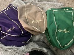 Large crown royal bags. 13 purple, 4 green, 1 tan. Crown Royal Bags, Crown Royal, Purse Pouch, Coin Purses, Coin Purse, Violet, Coin, Pouch, Crown