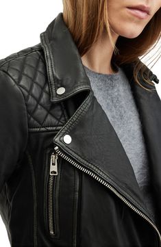 Inspired by vintage leather biker jackets, this version flaunts quilted shoulders and a lightly distressed finish to create a uniquely worn-in appearance. Front zip closure Notched lapels Zip cuffs Front zip pockets Leather Professional leather clean Imported Outfit Wedding Guest, Gunmetal Hardware, Biker Jackets, Leather Biker Jacket, Sweaters And Jeans, Distressed Leather, Long Sleeves Jacket, Vintage Store, Guest Outfit