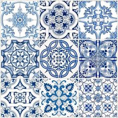 blue and white tiles with different designs