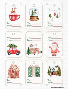 christmas gift tags with santa claus and other decorations