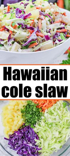 hawaiian coleslaw in a bowl with the title above it