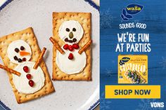 two crackers decorated like snowmen on a plate with the words we're fun at parties