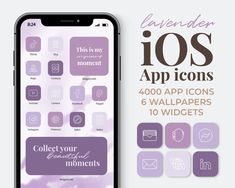 an iphone with icons on it and the text,'lavenderr 10s app icons '