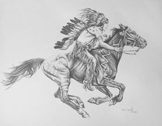 a pencil drawing of a native american man riding a horse with an eagle on it's back