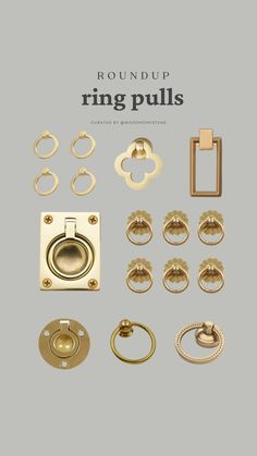 Collection of brass ring pulls. Inset, hanging, and rectangle Ring Pulls On Cabinets, Ring Drawer Pulls, Ring Pull Cabinet Hardware, Dresser Pull Rings, Flush Ring Pull Cabinet Hardware, Flush Ring Pull, Brass Ring Cabinet Pulls, Pocket Door Pulls Brass, Flush Ring