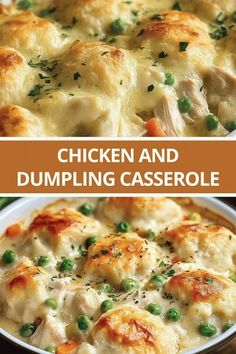 chicken and dumpling casserole in a white dish